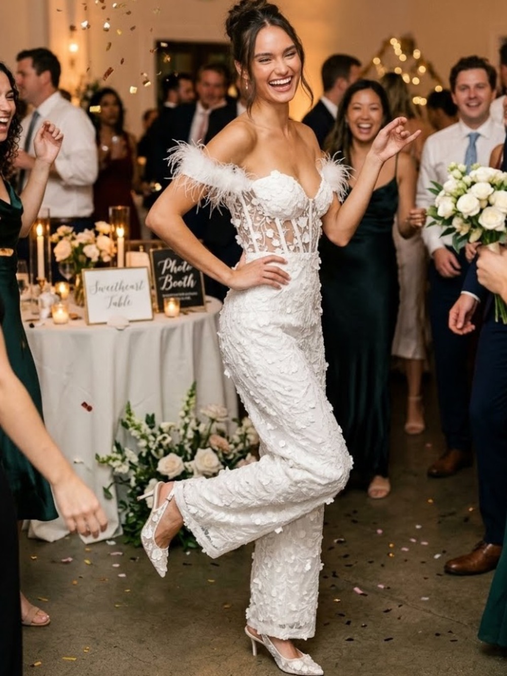 New Lulus White Feather-Trim Bridal Jumpsuit - Elegant Wedding Sz Small - Picture 9 of 12